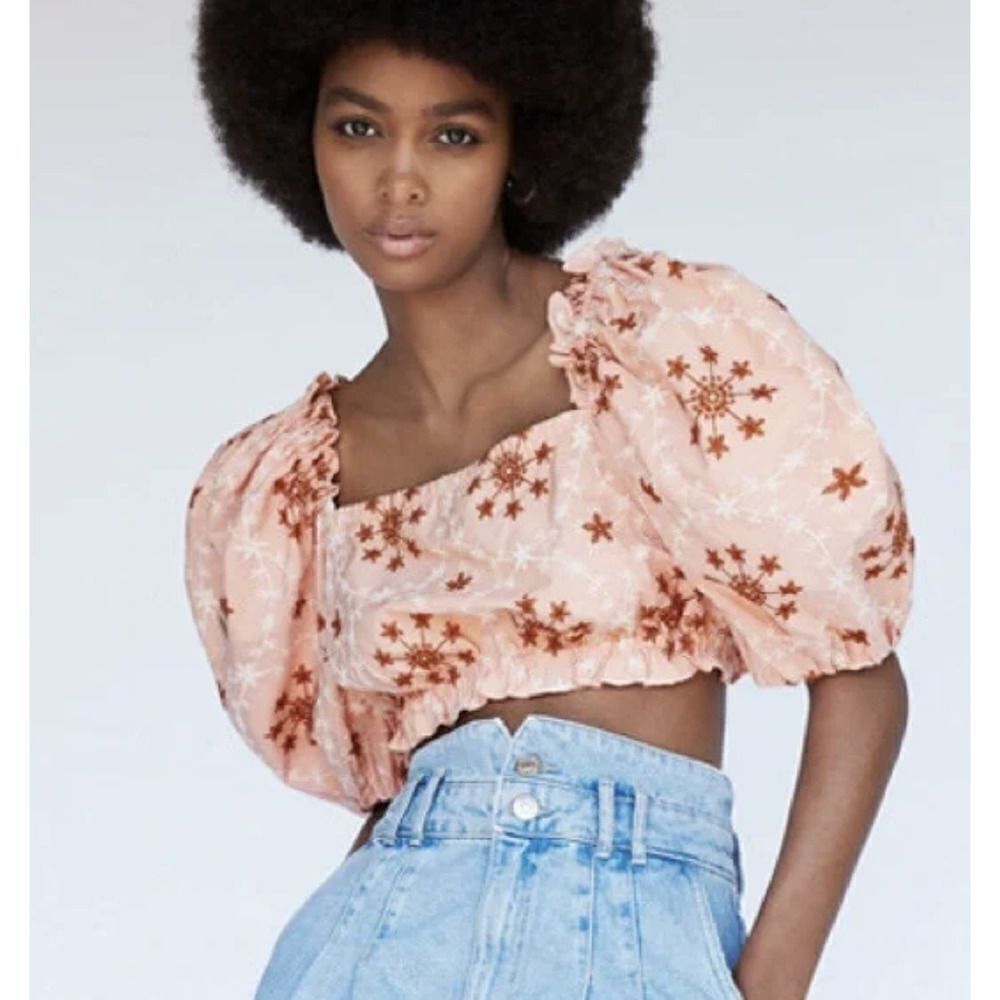 Zara Embroidered Cropped Top Puff Sleeve Floral Coral Peach‎ Womens XS